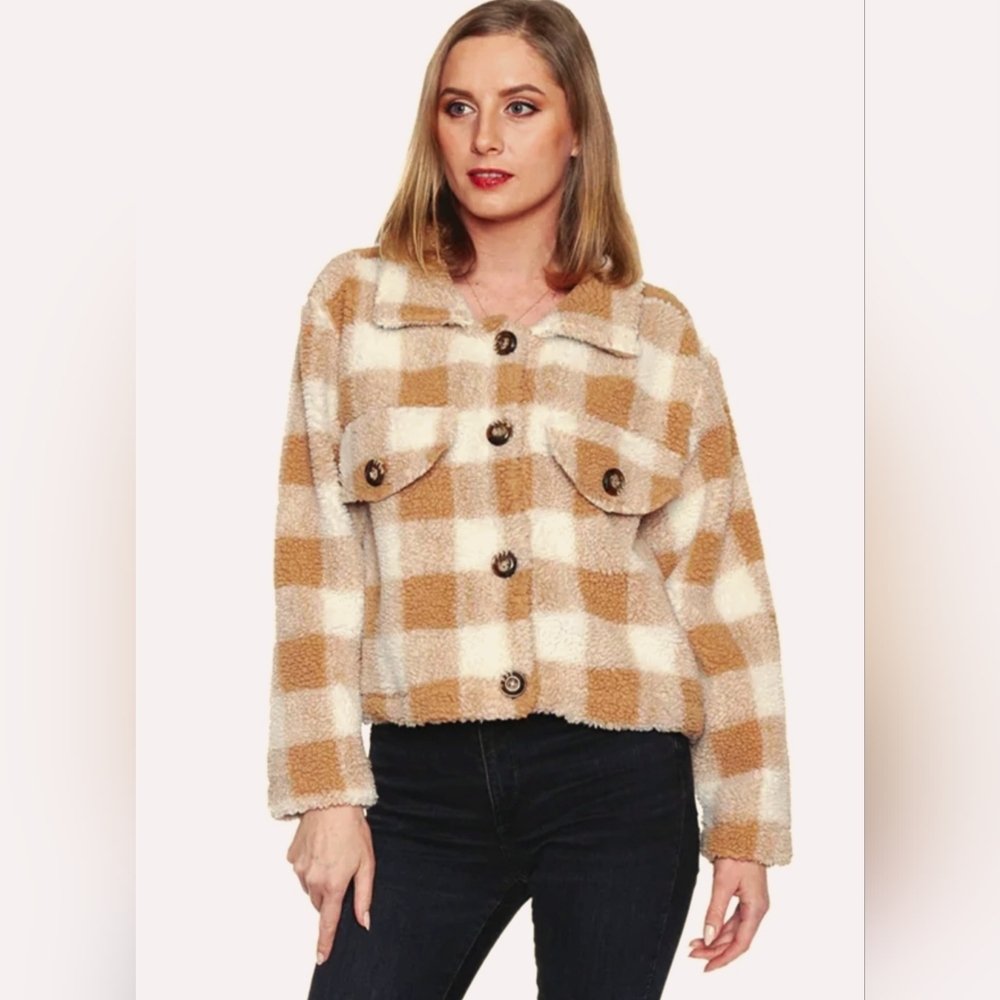 NWT Papa Vancouver Cozy Checkered Teddy Jacket